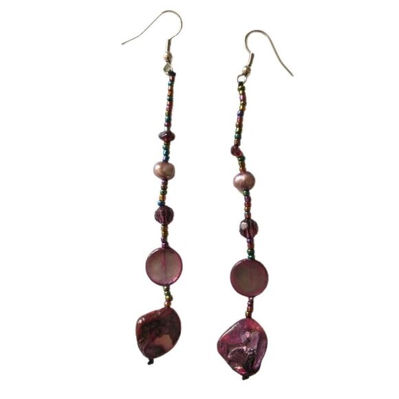 Metallic Shell Graduated Dangle Earrings‎ Glass Beads Handmade Coastal Beach 90s - Picture 8 of 16